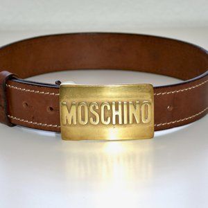 Vintage 90's MOSCHINO JEANS Leather Brass Logo Buckle Belt 75